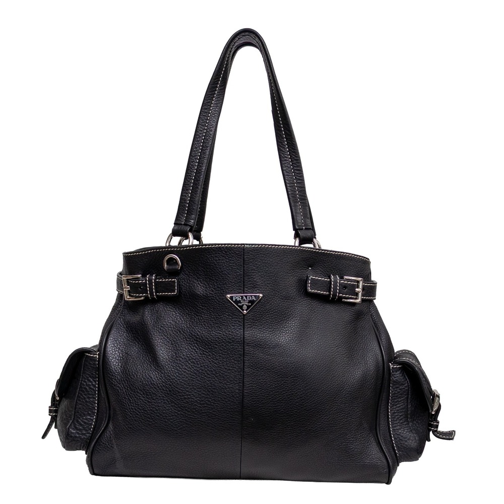 Prada Vitello Daino Black Leather Tote Bag Silver Hardware White Stitching